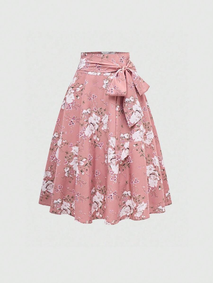 Sweetra Women's Floral Print Tie Waist Mid-Length Elegant A-Line Skirt - Pink - View 1