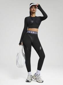 Innovista Woman Luxury Natural Tone Glossy Sports Sets Sophisticated Design Workout Clothes Athletic Outfits Training Breathable Active Crop Top T-Shirt Long Sleeves With Booty Lifting Leggings Phone Card Pocket Bottom Metallic Two Pieces Daily Yoga Cycle Biker HIIT Office To Court Brunch To Gym Function Athleisure All Day Stretchy Activewear Fall Comfort Affordable, Budget-Friendly, Gym Outfits