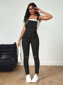 SHEIN Tall Solid Color Elastic Distressed Skinny Denim Bib Overalls - Black - View 1