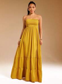 Vixey Solid Woven Shirred Bust Strapless Tiered Maxi Sun Dress, Yellow Maxi Dress, Smocked Maxi Dress, Yellow Sundress, Long Sundress, Tiered Maxi Dress, Vacation Outfits For Women