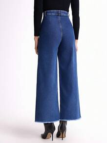 Daynim Calça Jeans Feminina Wide Leg Cropped Barra Desfiada - Lavagem Média - Visão 2