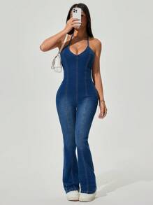 SHEIN PETITE Bộ đồ liền thân denim hở lưng thời trang dành cho nữ - Rửa tối - Xem 7