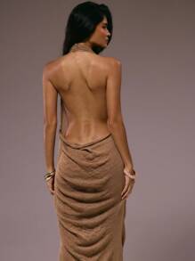 MUSERA Extreme Cowl Neck Drape Sequin Knit Maxi Dress Fall Winter Autumn Summer Vacation Holiday Night Out Date Night Wedding Guest Birthday Club Sexy Brunch Going Out Cruise Party Elegant Ibiza Occasion Party Chic - Camel - View 2