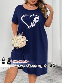 SHEIN CURVE+ Curve Plus 红色心形印花长裙，情人节/2026/新年 - 藏蓝色 - 查看 1