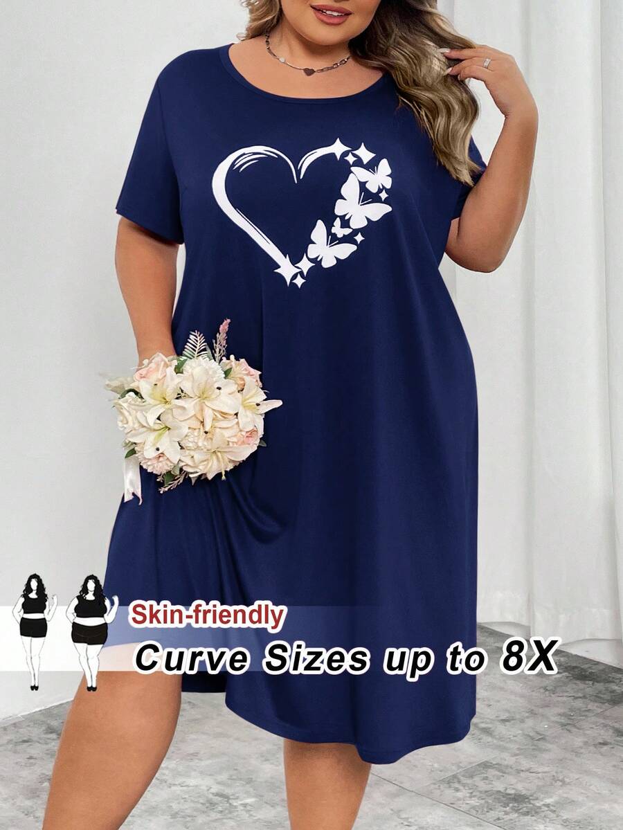 SHEIN CURVE+ Curve Plus 红色心形印花长裙,情人节/2026/新年 - 藏蓝色 - 查看 1