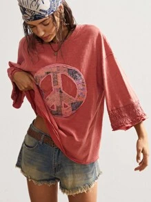 Bohemela 波西米亚风女式休闲复古纯色和平标志贴花休闲针织圆领 3/4 袖宽松水洗 T 恤，西部复古乡村风格度假，适合夏季/秋季/冬季 - 紅色 - 查看 4