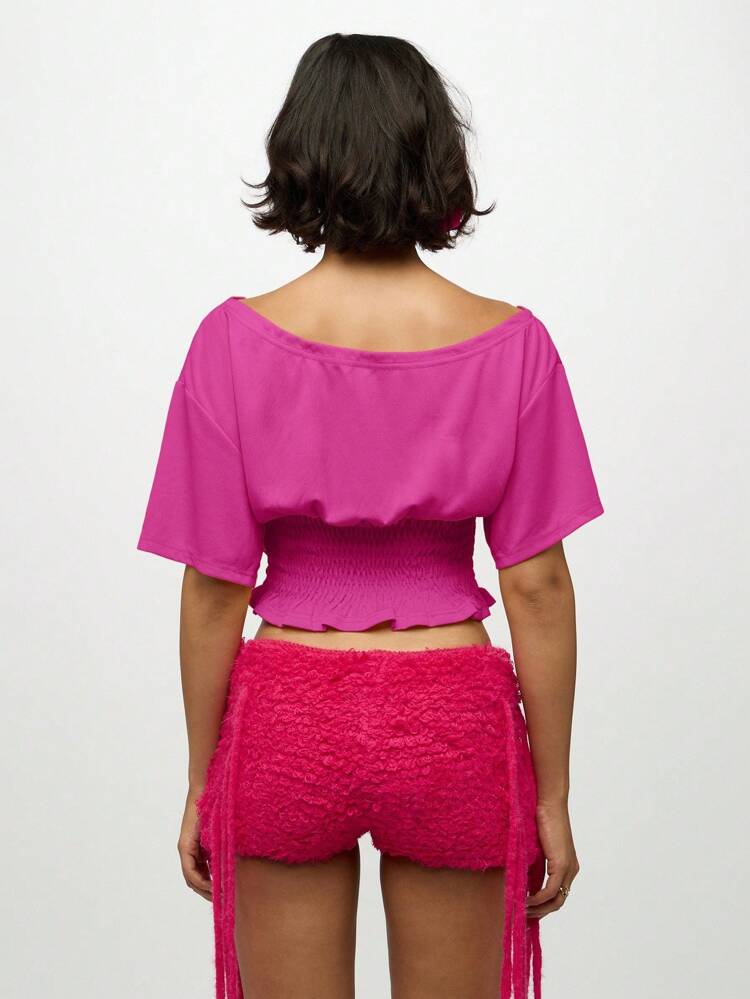 SUMWON WOMEN Off Shoulder Smocked Waist Crop Tee With Ruffled Hem