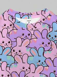 SHEIN 2 件套青少年女孩休闲可爱卡通兔子印花圆领舒适长袖运动衫和紧身裤套装，适合秋冬季 - 彩色 - 查看 4