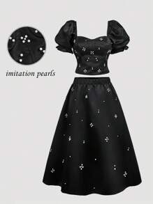 SHEIN MOD طقم أنيق من قطعتين من الساتان الأسود المزين بالخرز، مقاس كبير، بلوزة بأكمام منتفخة وتنورة متوسطة الطول واسعة، باللون الأسود، مناسب للحفلات والمناسبات الرسمية وموسم التخرج، أنيق ورومانسي - الأسود - مشاهدة 3
