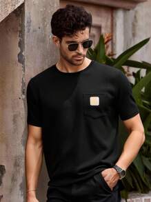 Manfinity VCAY 日常休闲印花男士华夫格纹黑色圆领修身短袖T恤 男士黑色T恤 男士夏季T恤 男士纹理T恤 男士针织T恤 男士休闲T恤，图案男士T恤，学校，返校，7月4日，美国T恤，学校，趣味T恤，基础款上衣 - 黑色 - 查看 1