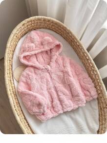 SHEIN Babygirl 毛绒粉色心形图案休闲百搭夹克，秋冬 - 粉色 - 查看 6