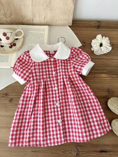 SHEIN Vintaside Kids Baby Girls' Plaid Floral Casual Dress, Countryside Style, Comfortable & Fashionable, Versatile, Spring/Summer, Cherry Decor