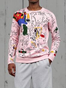 Manfinity Homme Men's Christmas Family Cartoon Pattern Men Sweater Casual Crew Neck Long Sleeve Sweater, Christmas - Baby Pink - View 4