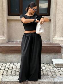 Dripcurv Plus-Size Women's Black Suit, Pants Casual Suit, Two Pieces Outfits,Fall Two Pieces Suit,Fall Clothes Black Top 2pcs Set,Tween Girl Clothes,Concert Women Outfit Fitted Shirt Casual Set ,Two Pieces Set Plus - Black - View 5