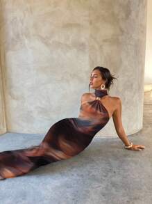 Aloruh Seksowna asymetryczna sukienka maxi z nadrukiem tie-dye na całej szerokości, damska, elegancka, seksowna, z metalową klamrą, z wycięciem, dopasowana, czarna, dzianinowa, elastyczna, odpowiednia na lato, wakacje, imprezę, jesień, weselna, na przyjęcie, elegancka sukienka, sukienka na imprezę