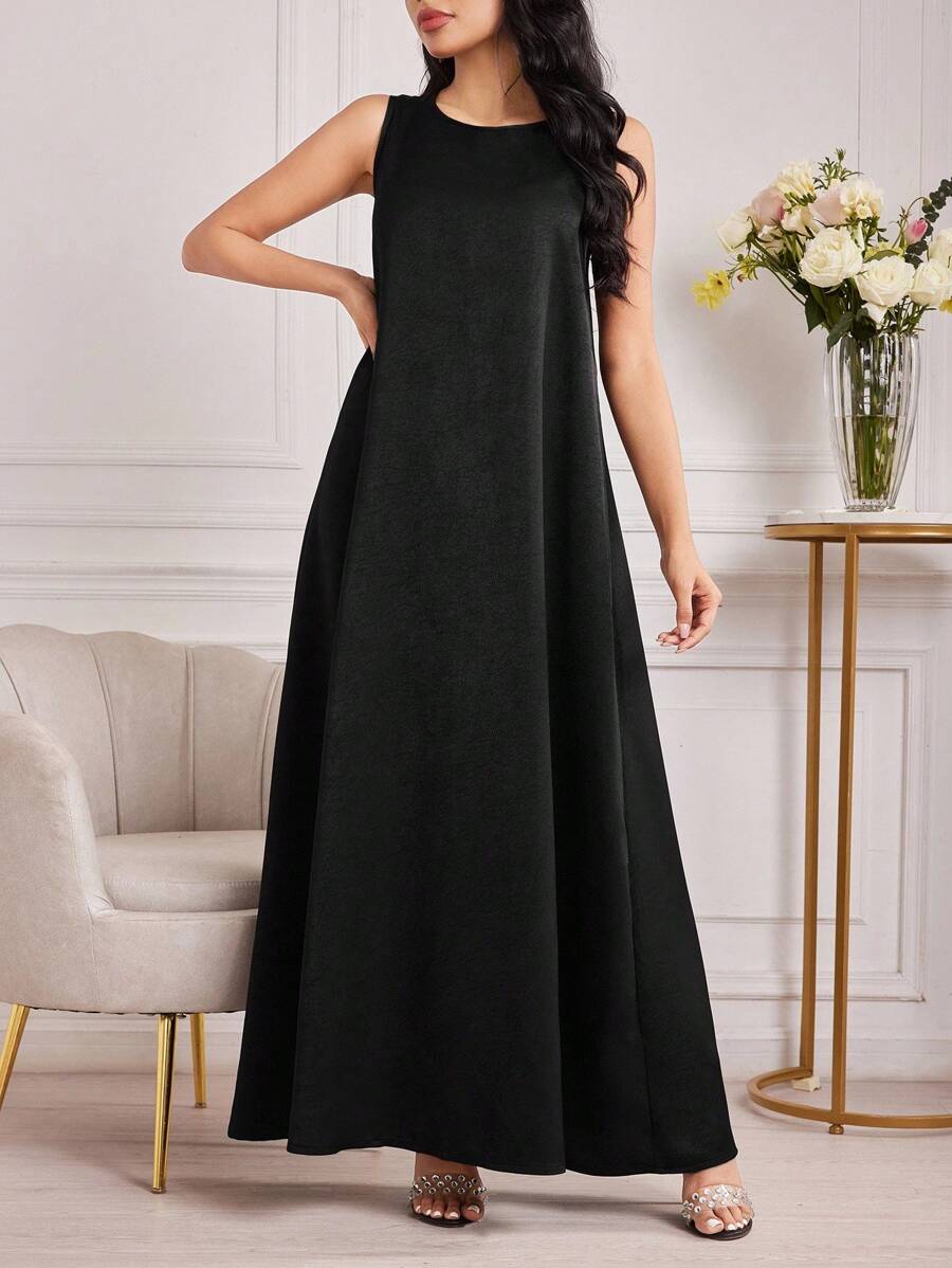 Al Najma Của phụ nữ Màu thuần Viền lấp lánh Phong cách Đầm - màu đen - Xem 1