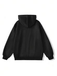 SHEIN 青少年女孩休闲时尚黑色针织连帽毛绒运动衫 - 黑色 - 查看 3