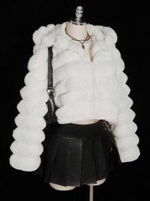 SHEIN ICON 加大码女式 Y2k 派对外出连帽拉链短款人造毛皮冬季女式夹克，时尚设计 - 白色 - 查看 6