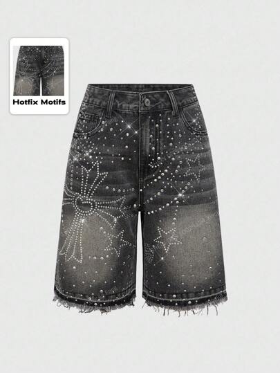 ROMWE Avant Y2K Grunge Punk Goth Cross Star Chain Rhinestone Embellished Denim Shorts (Unisex)