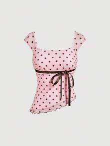 SHEIN MOD Bộ 2 món chấm bi thắt nơ: Áo vạt lệch và chân váy đuôi cá cạp thấp. - Hồng - Xem 5