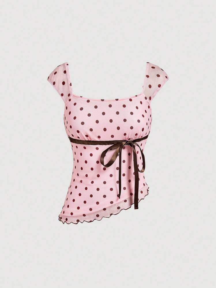 SHEIN MOD 2pcs Polka Dot Bow Set: Asymmetric Hem Top & Low Waist Fishtail Skirt Skirt And Top Sets Set Outfit For Women Summer Polka Dot Outfit Women Polka Dot Set Skirt And Top Sets For Women Outfits - Pink - View 5