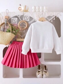 女童针织柔软毛绒开衫，饰有蝴蝶结和珍珠，搭配百褶裙套装，粉色，适合春秋冬季穿着的可爱女童装。 - 粉色 - 查看 2