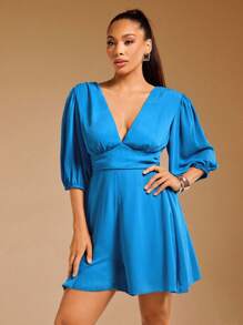 Vixey Women's Summer Minimalist Solid Deep V-Neck Romper, Bright Blue Dress, Blue Vacation Dress, Blue Summer Dress, Lace Up Back Dress, Vacation Outfits For Women - Blue - View 2