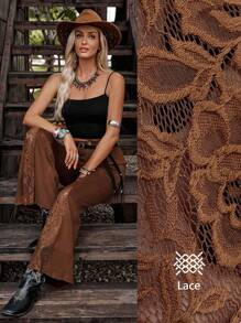 LanaWest Faux Suede & Lace Patchwork Retro Flare Pants For Women Fall Cloth For Women - Coffee Brown - View 1
