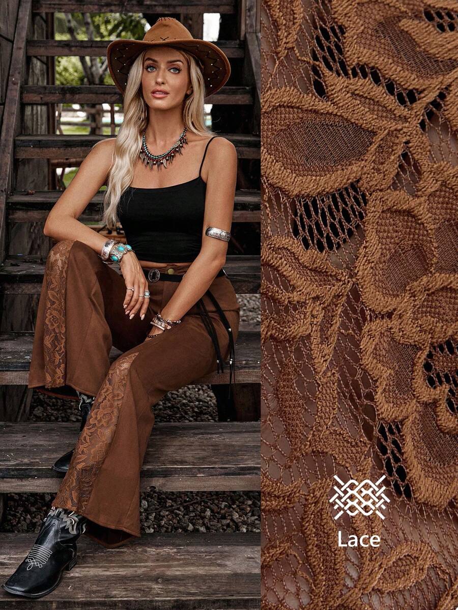 LanaWest Faux Suede & Lace Patchwork Retro Flare Pants For Women Fall Cloth For Women - Coffee Brown - View 1