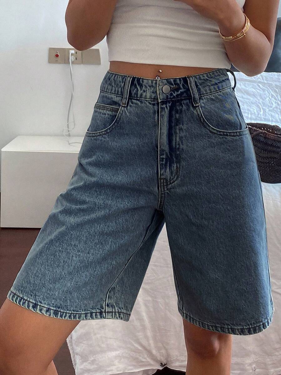 Livesso Women's Casual Street Style Mid-Waist Loose Fit Denim Shorts - Medium Wash - View 1