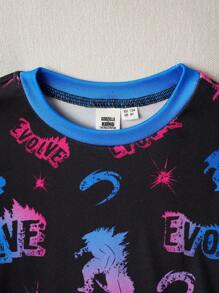 GODZILLAxKONG X SHEIN 2 pièces Ensemble de pyjama casual confortable avec Top à manches longues col rond et pantalon avec motif monstre jeune garçon