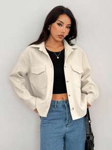 SHEIN PETITE 适合秋冬季的女士羊毛大衣外套 - 杏色 - 查看 4