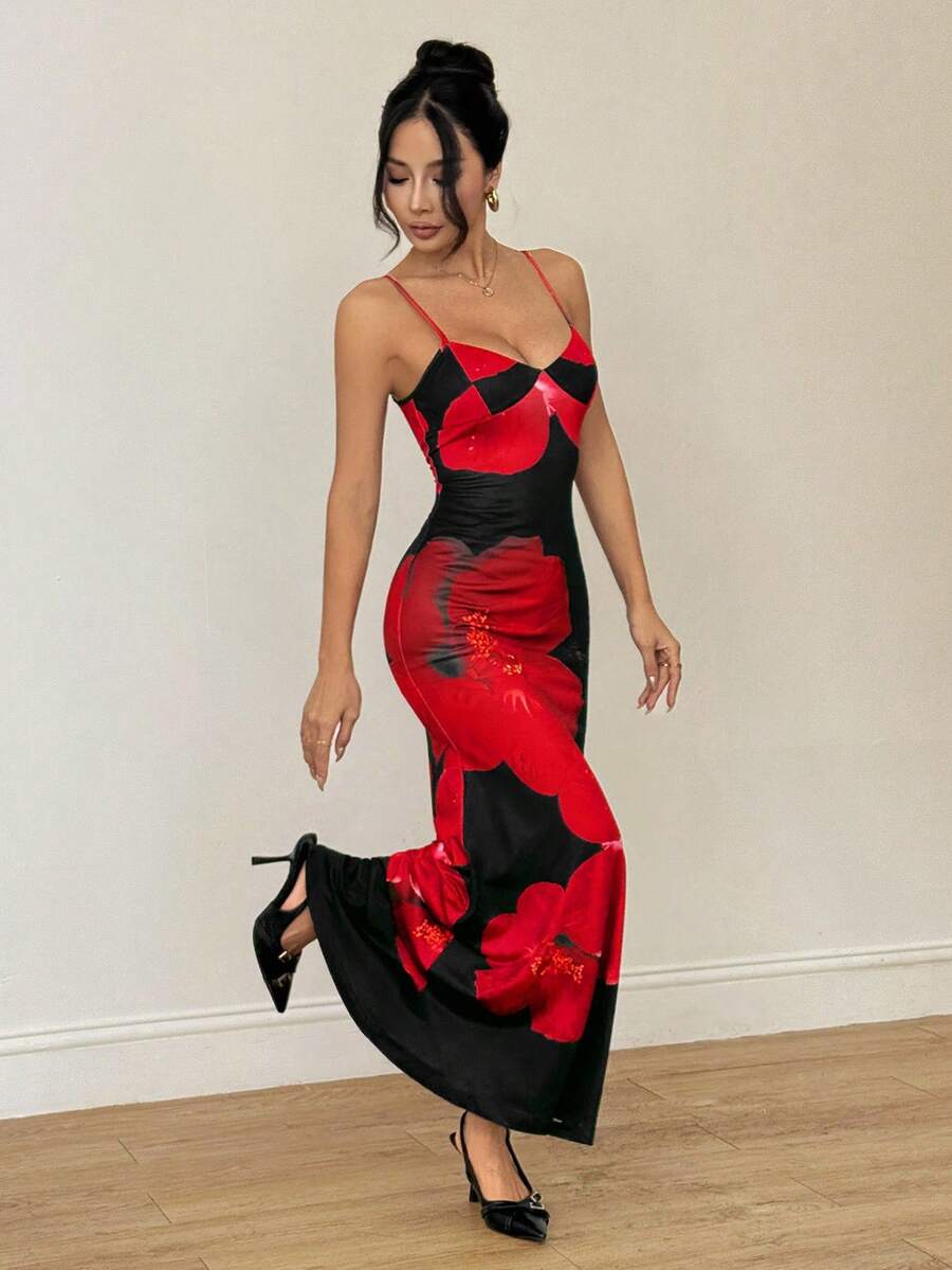 SHEIN PETITE Women's Fashionable Printed Sleeveless Dress, Summer Red And Black Dress - Brown - View 1