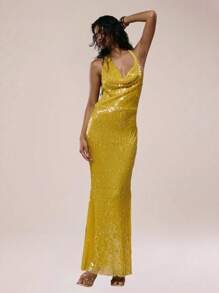 MUSERA Vestido largo asimétrico con cuello de cowl, espalda descubierta y lentejuelas, amarillo, para invierno, verano, vacaciones, salida nocturna, cita, boda, fiesta, elegante, Ibiza, ocasión, femenino, lindo, graduación - Amarillo - Ver 6