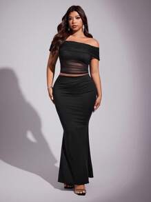 Viva Relle 大码女式优雅性感露肩网眼上衣和弹力针织紧身裙两件套，夏季