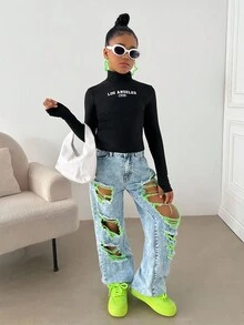 Tween Girl Casual Fitted Black Crew Neck Printed T-Shirt Autumn Fall Winter - Black - View 5