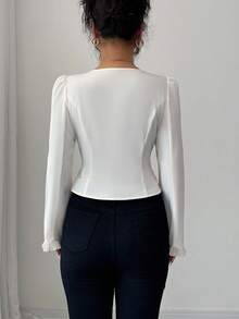 Elenzga Nouvelle blouse élégante à manches longues avec col carré et volants, couleur unie, automne