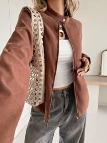 Siren Gaze 秋冬新款女士乡村田园风格夹克，宽松外套 - 卡其色 - 查看 6