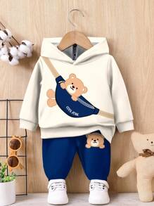 SHEIN 男婴休闲宽松针织柔软连帽衫和配套运动裤套装，可爱迷你熊印花，舒适温馨，适合秋冬季 - 彩色 - 查看 3