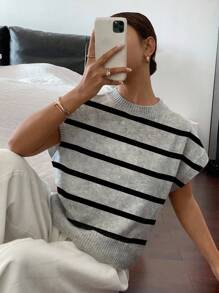 Siren Gaze Áo len dệt kim tay ngắn họa tiết sọc thường ngày dành cho nữ, phong cách Pháp sang trọng, phù hợp cho mùa thu/đông - Nhiều màu - Xem 6