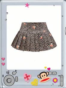 Paul Frank X ROMWE Falda plisada con estampado de leopardo y mono para mujer - Marrón - Ver 11