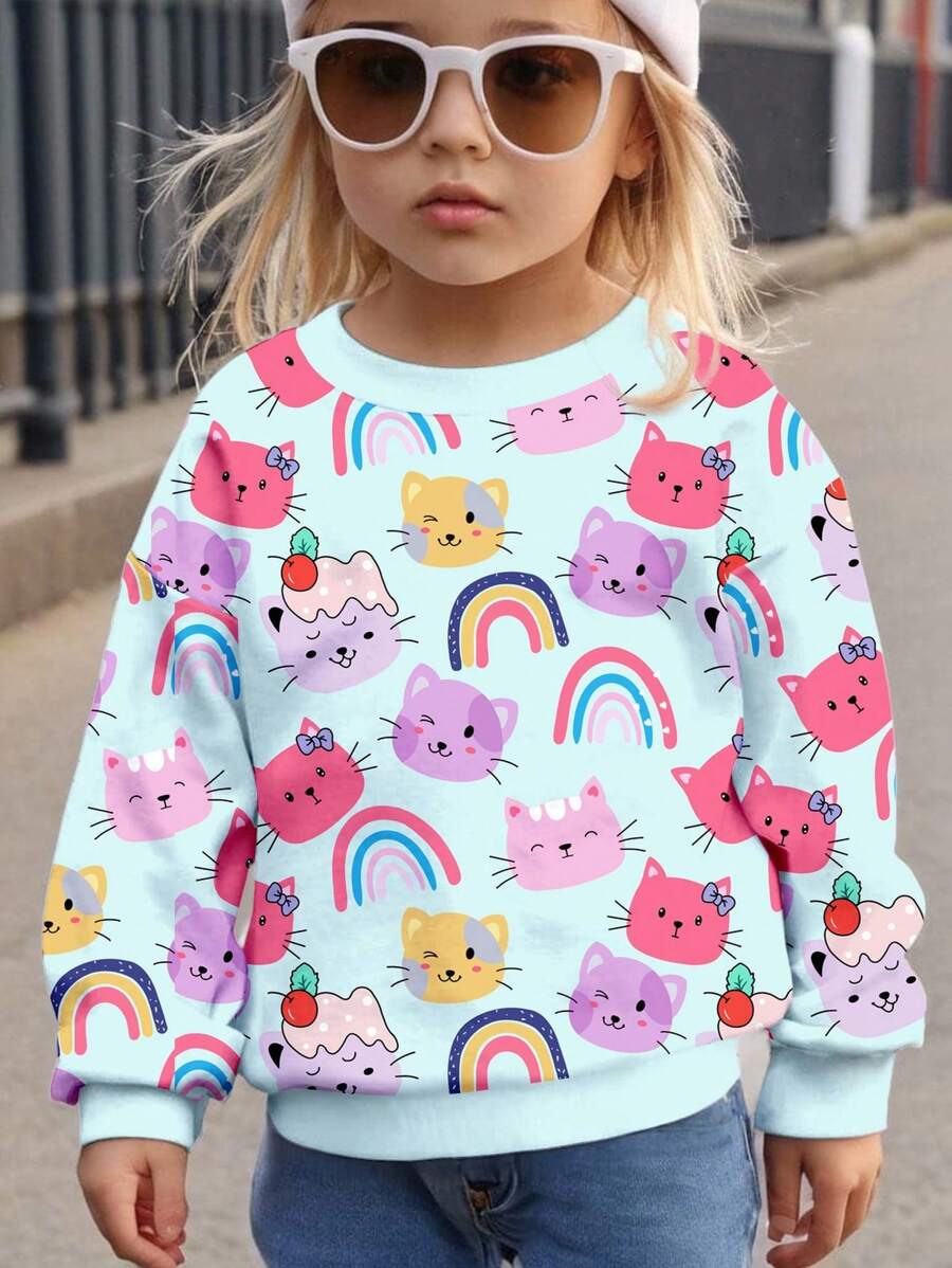 SHEIN Cute Cat & Rainbow Print, Young Girls Casual Loose Fit Crew Neck Comfy Daily Wear Knitted Long Sleeve Hoodies, Suitable For Autumn And Winter - Multicolor - View 1
