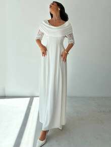 Firerie Women's Elegant Romantic Dress, White Off Shoulder Lace Patchwork Flared Waist A-Line Dress, Suitable For Summer, Wedding Guest, Party, Graduation, Prom - White - View 6