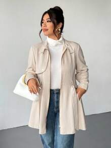 Firerie Plus Size Women's Cinched Waist A-Line Suede Fabric Beige Trench Coat, Loose Fit Midi Length Jacket; Suitable For Valentine's Day, Concerts, Performances, Dates, Formal Dinners, Galas, Weddings, Sexy, Elegant, Commute, Back To School, Romantic, Office Diva, Mermaid Style, Birthday Party/Slightly Elastic Waist Umbrella-Style Long-Sleeved Trench Coat Autumn Winter Clothes For Women