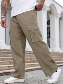 Manfinity Homme 秋季大码女式工装口袋阔腿宽松休闲裤 - 卡其色 - 查看 4