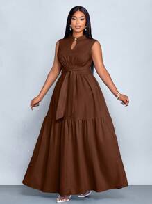 SOLERSUN فستان أنيق للنساء بياقة عالية، قصة أمامية مفتوحة، بدون أكمام، خصر مربوط بعقدة، لون أزرق، مناسب للارتداء اليومي والخروج، موضة صيفية جديدة