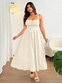 Flirla Plus Size Women's Elegant Solid Color Front Tie Bow Spaghetti Strap Maxi Beach Dress, Suitable For Beach, Resort, Party, Date, Music Festival, Spring/Summer, Versatile Design - Apricot - View 6