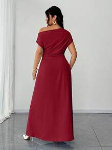 Elenzga Vestido elegante ajustado con hombros caídos y drapeado para tallas grandes - Rojo - View 6