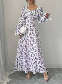 Rafferiza 优雅花卉印花方领连衣裙，荷叶边饰边，荷叶边袖子，珍珠纽扣装饰，适合春秋季女装 - 紫色 - 查看 5