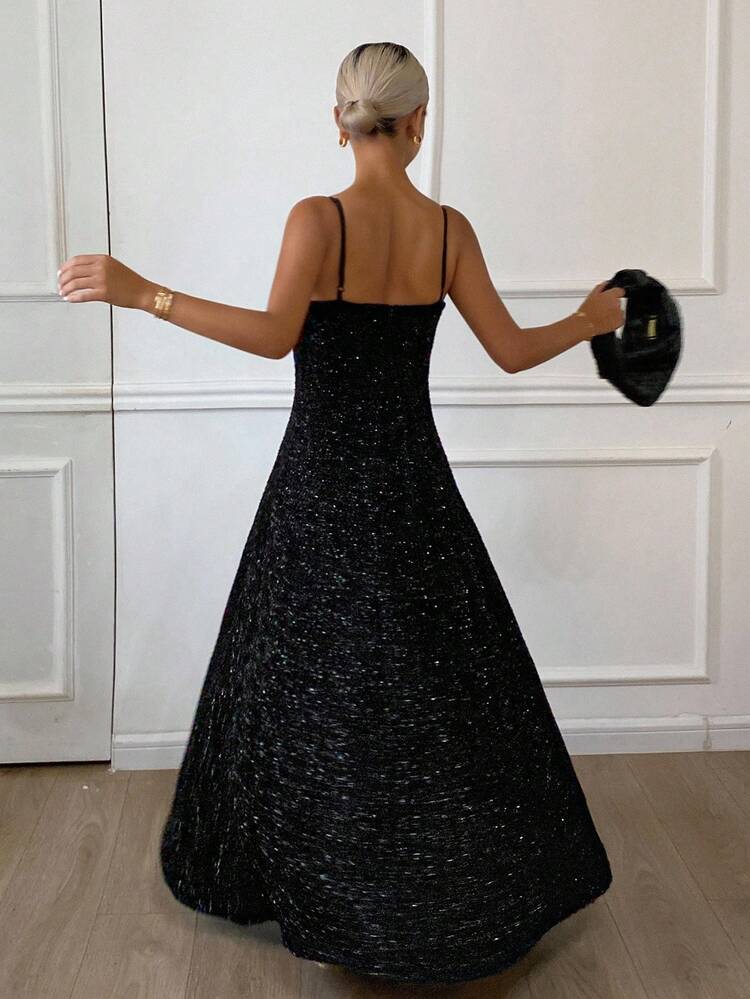 Solid Color Sequin Camisole Dress, Waist Cinched Flared Hem Elegant Dress For Women Prom Dress Maxi Dress